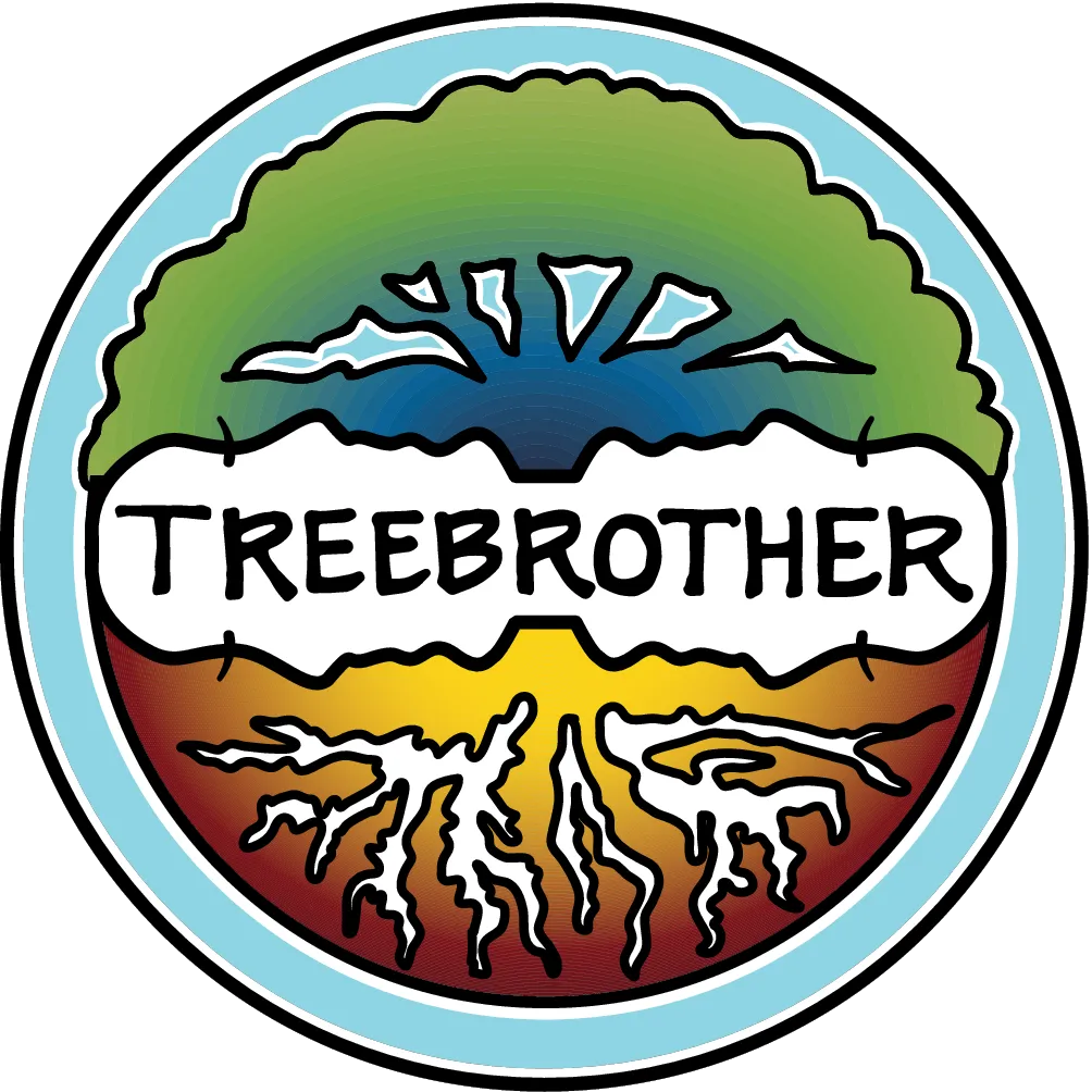 TreeBrother logo: a circular badge of a green tree canopy over blue sky, with the name on a white banner above golden earth and white roots